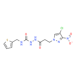 ChemSpider 2D Image | 2-[3-(4-Chloro-3-nitro-1H-pyrazol-1-yl)propanoyl]-N-(2-thienylmethyl)hydrazinecarboxamide | C12H13ClN6O4S