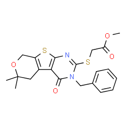 ChemSpider 2D Image | Methyl [(3-benzyl-6,6-dimethyl-4-oxo-3,5,6,8-tetrahydro-4H-pyrano[4',3':4,5]thieno[2,3-d]pyrimidin-2-yl)sulfanyl]acetate | C21H22N2O4S2