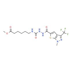 ChemSpider 2D Image | Methyl 6-{[(2-{[1-methyl-3-(trifluoromethyl)-1H-thieno[2,3-c]pyrazol-5-yl]carbonyl}hydrazino)carbonyl]amino}hexanoate | C16H20F3N5O4S
