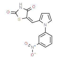 ChemSpider 2D Image | (5E)-5-{[1-(3-Nitrophenyl)-1H-pyrrol-2-yl]methylene}-1,3-thiazolidine-2,4-dione | C14H9N3O4S