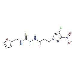 ChemSpider 2D Image | 2-[3-(4-Chloro-3-nitro-1H-pyrazol-1-yl)propanoyl]-N-(2-furylmethyl)hydrazinecarbothioamide | C12H13ClN6O4S