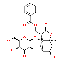 ChemSpider 2D Image | [(1R,4R,6S)-1-(beta-D-Glucopyranosyloxy)-4-hydroxy-6-methyl-8-oxo-7-oxatricyclo[4.3.0.0~3,9~]non-9-yl]methyl benzoate | C23H28O11