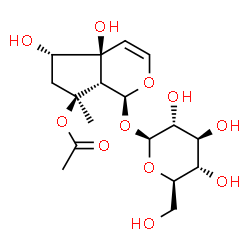 ChemSpider 2D Image | (1S,4aS,5S,7S,7aS)-1-(beta-D-Glucopyranosyloxy)-4a,5-dihydroxy-7-methyl-1,4a,5,6,7,7a-hexahydrocyclopenta[c]pyran-7-yl acetate | C17H26O11