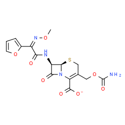 ChemSpider 2D Image | (6R,7R)-3-[(Carbamoyloxy)methyl]-7-{[(2Z)-2-(2-furyl)-2-(methoxyimino)acetyl]amino}-8-oxo-5-thia-1-azabicyclo[4.2.0]oct-2-ene-2-carboxylate | C16H15N4O8S