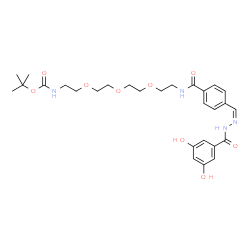 ChemSpider 2D Image | 2-Methyl-2-propanyl [13-(4-{(Z)-[(3,5-dihydroxybenzoyl)hydrazono]methyl}phenyl)-13-oxo-3,6,9-trioxa-12-azatridec-1-yl]carbamate | C28H38N4O9