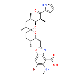 ChemSpider 2D Image | 6-Bromo-5-(methylamino)-2-({(2R,3R,8S,9R,11R)-3,9,11-trimethyl-8-[(2S)-1-oxo-1-(1H-pyrrol-2-yl)-2-propanyl]-1,7-dioxaspiro[5.5]undec-2-yl}methyl)-1,3-benzoxazole-4-carboxylic acid | C29H36BrN3O6