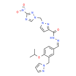 ChemSpider 2D Image | N'-{(Z)-[4-Isopropoxy-3-(1H-pyrazol-1-ylmethyl)phenyl]methylene}-1-[(3-nitro-1H-1,2,4-triazol-1-yl)methyl]-1H-pyrazole-3-carbohydrazide | C21H22N10O4