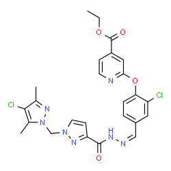 ChemSpider 2D Image | Ethyl 2-(2-chloro-4-{(Z)-[({1-[(4-chloro-3,5-dimethyl-1H-pyrazol-1-yl)methyl]-1H-pyrazol-3-yl}carbonyl)hydrazono]methyl}phenoxy)isonicotinate | C25H23Cl2N7O4