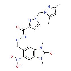 ChemSpider 2D Image | N'-[(Z)-(1,3-Dimethyl-6-nitro-2-oxo-2,3-dihydro-1H-benzimidazol-5-yl)methylene]-1-[(3,5-dimethyl-1H-pyrazol-1-yl)methyl]-1H-pyrazole-3-carbohydrazide | C20H21N9O4