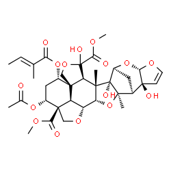 ChemSpider 2D Image | Dimethyl (1S,5R,6S,7R,8S,10S,14S,15S,16R,18S,19R,22S,23R,25S,26R)-23-acetoxy-4,7,14-trihydroxy-6,16-dimethyl-25-{[(2E)-2-methylbut-2-enoyl]oxy}-3,9,11,17,20-pentaoxaoctacyclo[17.6.1.1~8,15~.0~1,5~.0~6,18~.0~7,16~.0~10,14~.0~22,26~]heptacos-12-ene-4,22-dicarboxylate | C35H44O16