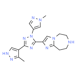 ChemSpider 2D Image | 2-[1-(1-Methyl-1H-pyrazol-4-yl)-3-(3-methyl-1H-pyrazol-4-yl)-1H-1,2,4-triazol-5-yl]-6,7,8,9-tetrahydro-5H-imidazo[1,2-d][1,4]diazepine | C17H20N10