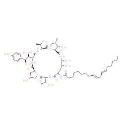ChemSpider 2D Image | (9E,12E)-N-{(2R,9S,11R,12R,14aS,15S,16S,20S,25aS)-23-[(1S,2S)-1,2-Dihydroxy-2-(4-hydroxyphenyl)ethyl]-2,11,12,15-tetrahydroxy-6,20-bis[(1R)-1-hydroxyethyl]-16-methyl-5,8,14,19,22,25-hexaoxotetracosahy
dro-1H-dipyrrolo[2,1-c:2',1'-l][1,4,7,10,13,16]hexaazacyclohenicosin-9-yl}-9,12-octadecadienamide | C52H81N7O16