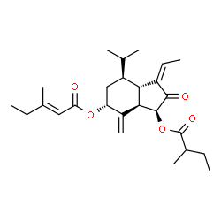 ChemSpider 2D Image | (1Z,3S,3aR,5R,7S,7aS)-1-Ethylidene-7-isopropyl-3-[(2-methylbutanoyl)oxy]-4-methylene-2-oxooctahydro-1H-inden-5-yl (2E)-3-methyl-2-pentenoate | C26H38O5