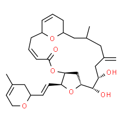 ChemSpider 2D Image | (3Z,7S,8S,10R,11S,12S)-11,12-Dihydroxy-16-methyl-8-[(E)-2-(4-methyl-3,6-dihydro-2H-pyran-2-yl)vinyl]-14-methylene-6,9,22-trioxatricyclo[16.3.1.1~7,10~]tricosa-3,20-dien-5-one | C30H42O7