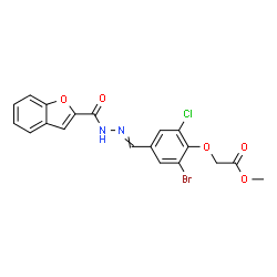 ChemSpider 2D Image | Methyl (4-{[(1-benzofuran-2-ylcarbonyl)hydrazono]methyl}-2-bromo-6-chlorophenoxy)acetate | C19H14BrClN2O5