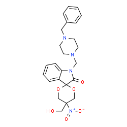 ChemSpider 2D Image | 1'-[(4-Benzyl-1-piperazinyl)methyl]-5-(hydroxymethyl)-5-nitrospiro[1,3-dioxane-2,3'-indol]-2'(1'H)-one | C24H28N4O6