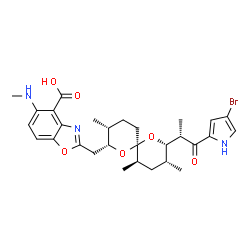 ChemSpider 2D Image | 2-({(2R,3R,6S,8S,9R,11R)-8-[(2S)-1-(4-Bromo-1H-pyrrol-2-yl)-1-oxo-2-propanyl]-3,9,11-trimethyl-1,7-dioxaspiro[5.5]undec-2-yl}methyl)-5-(methylamino)-1,3-benzoxazole-4-carboxylic acid | C29H36BrN3O6