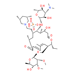 ChemSpider 2D Image | [(2R,3R,9R,11R,12S,13S,14R)-12-{[3,6-Dideoxy-3-(dimethylamino)-beta-D-glucopyranosyl]oxy}-11-{2-[(3R,5S)-3,5-dimethyl-1-piperidinyl]ethyl}-2-ethyl-14-hydroxy-5,9,13-trimethyl-8,16-dioxooxacyclohexadec
a-4,6-dien-3-yl]methyl 6-deoxy-2,3-di-O-methyl-beta-D-allopyranoside phosphate (1:1) | C46H83N2O17P