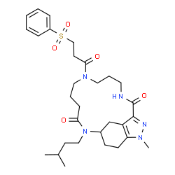 ChemSpider 2D Image | 17-Methyl-12-(3-methylbutyl)-7-[3-(phenylsulfonyl)propanoyl]-3,7,12,17,18-pentaazatricyclo[11.5.2.0~16,19~]icosa-1(18),16(19)-diene-2,11-dione | C30H43N5O5S