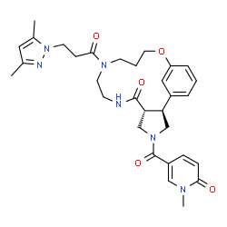 ChemSpider 2D Image | (2S,6R)-11-[3-(3,5-Dimethyl-1H-pyrazol-1-yl)propanoyl]-4-[(1-methyl-6-oxo-1,6-dihydro-3-pyridinyl)carbonyl]-15-oxa-4,8,11-triazatricyclo[14.3.1.0~2,6~]icosa-1(20),16,18-trien-7-one | C31H38N6O5