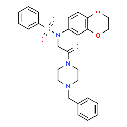 ChemSpider 2D Image | N-[2-(4-Benzyl-1-piperazinyl)-2-oxoethyl]-N-(2,3-dihydro-1,4-benzodioxin-6-yl)benzenesulfonamide | C27H29N3O5S