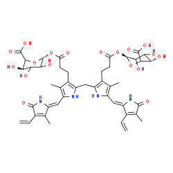 ChemSpider 2D Image | (3R,6R)-6-[3-[2-[[3-[3-[(2S,5S)-6-carboxy-3,4,5-trihydroxy-tetrahydropyran-2-yl]oxy-3-oxo-propyl]-4-methyl-5-[(Z)-(4-methyl-5-oxo-3-vinyl-pyrrol-2-ylidene)methyl]-1H-pyrrol-2-yl]methyl]-4-methyl-5-[(Z)-(3-methyl-5-oxo-4-vinyl-pyrrol-2-ylidene)methyl]-1H-pyrrol-3-yl]propanoyloxy]-3,4,5-trihydroxy-tetrahydropyran-2-carboxylic acid | C45H52N4O18