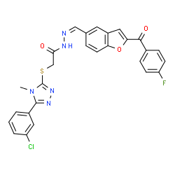 ChemSpider 2D Image | 2-{[5-(3-Chlorophenyl)-4-methyl-4H-1,2,4-triazol-3-yl]sulfanyl}-N'-{(Z)-[2-(4-fluorobenzoyl)-1-benzofuran-5-yl]methylene}acetohydrazide | C27H19ClFN5O3S