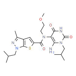 ChemSpider 2D Image | N-(6-Amino-1-isobutyl-2,4-dioxo-1,2,3,4-tetrahydro-5-pyrimidinyl)-1-isobutyl-N-(2-methoxyethyl)-3-methyl-1H-thieno[2,3-c]pyrazole-5-carboxamide | C22H32N6O4S