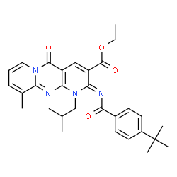ChemSpider 2D Image | Ethyl (2Z)-2-[(4-tert-butylbenzoyl)imino]-1-isobutyl-10-methyl-5-oxo-1,5-dihydro-2H-dipyrido[1,2-a:2',3'-d]pyrimidine-3-carboxylate | C30H34N4O4