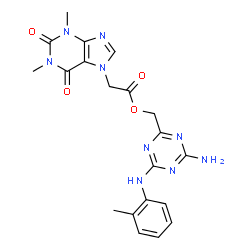 ChemSpider 2D Image | {4-Amino-6-[(2-methylphenyl)amino]-1,3,5-triazin-2-yl}methyl (1,3-dimethyl-2,6-dioxo-1,2,3,6-tetrahydro-7H-purin-7-yl)acetate | C20H21N9O4