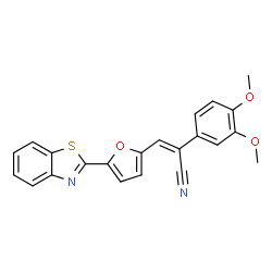 ChemSpider 2D Image | (2Z)-3-[5-(1,3-Benzothiazol-2-yl)-2-furyl]-2-(3,4-dimethoxyphenyl)acrylonitrile | C22H16N2O3S