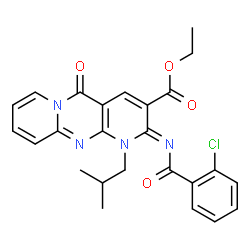 ChemSpider 2D Image | Ethyl (2Z)-2-[(2-chlorobenzoyl)imino]-1-isobutyl-5-oxo-1,5-dihydro-2H-dipyrido[1,2-a:2',3'-d]pyrimidine-3-carboxylate | C25H23ClN4O4