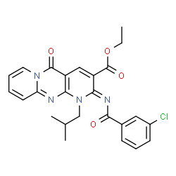 ChemSpider 2D Image | Ethyl (2Z)-2-[(3-chlorobenzoyl)imino]-1-isobutyl-5-oxo-1,5-dihydro-2H-dipyrido[1,2-a:2',3'-d]pyrimidine-3-carboxylate | C25H23ClN4O4