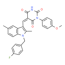 ChemSpider 2D Image | (5Z)-5-{[1-(4-Fluorobenzyl)-2,5-dimethyl-1H-indol-3-yl]methylene}-1-(4-methoxyphenyl)-2,4,6(1H,3H,5H)-pyrimidinetrione | C29H24FN3O4