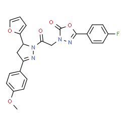 ChemSpider 2D Image | 5-(4-Fluorophenyl)-3-{2-[5-(2-furyl)-3-(4-methoxyphenyl)-4,5-dihydro-1H-pyrazol-1-yl]-2-oxoethyl}-1,3,4-oxadiazol-2(3H)-one | C24H19FN4O5