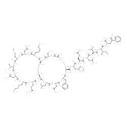 ChemSpider 2D Image | N-({(1R,4S,7S,10S,13S,16S,19S,22S,25R,28S,31R,36R,39S,42S,45S)-31-Amino-7,22-bis(4-aminobutyl)-42-(2-amino-2-oxoethyl)-39-benzyl-4-(2-carboxyethyl)-10,19-bis(carboxymethyl)-13-[(1R)-1-hydroxyethyl]-28
-(hydroxymethyl)-45-isobutyl-16-[2-(methylsulfanyl)ethyl]-3,6,9,12,15,18,21,24,27,30,38,41,44,47-tetradecaoxo-33,34,49,50-tetrathia-2,5,8,11,14,17,20,23,26,29,37,40,43,46-tetradecaazabicyclo[23.22.4]h
enpentacont-36-yl}carbonyl)-3-(2H-imidazol-4-yl)-L-alanyl-L-glutaminyl-L-alpha-aspartyl-L-valyl-L-isoleucyl-L-tryptophan | C105H156N28O34S5