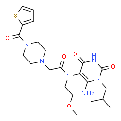 ChemSpider 2D Image | N-(6-Amino-1-isobutyl-2,4-dioxo-1,2,3,4-tetrahydro-5-pyrimidinyl)-N-(2-methoxyethyl)-2-[4-(2-thienylcarbonyl)-1-piperazinyl]acetamide | C22H32N6O5S