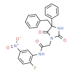 ChemSpider 2D Image | 2-(4-Benzyl-2,5-dioxo-4-phenyl-1-imidazolidinyl)-N-(2-fluoro-5-nitrophenyl)acetamide | C24H19FN4O5