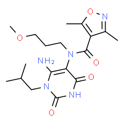 ChemSpider 2D Image | N-(6-Amino-1-isobutyl-2,4-dioxo-1,2,3,4-tetrahydro-5-pyrimidinyl)-N-(3-methoxypropyl)-3,5-dimethyl-1,2-oxazole-4-carboxamide | C18H27N5O5