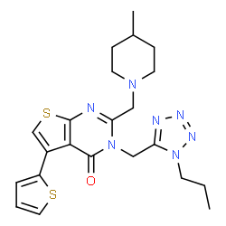 ChemSpider 2D Image | 2-[(4-Methyl-1-piperidinyl)methyl]-3-[(1-propyl-1H-tetrazol-5-yl)methyl]-5-(2-thienyl)thieno[2,3-d]pyrimidin-4(3H)-one | C22H27N7OS2