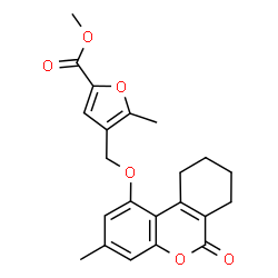 ChemSpider 2D Image | Methyl 5-methyl-4-{[(3-methyl-6-oxo-7,8,9,10-tetrahydro-6H-benzo[c]chromen-1-yl)oxy]methyl}-2-furoate | C22H22O6