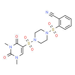 ChemSpider 2D Image | 2-({4-[(1,3-Dimethyl-2,4-dioxo-1,2,3,4-tetrahydro-5-pyrimidinyl)sulfonyl]-1-piperazinyl}sulfonyl)benzonitrile | C17H19N5O6S2