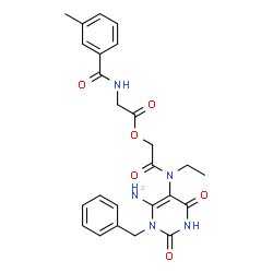 ChemSpider 2D Image | 2-[(6-Amino-1-benzyl-2,4-dioxo-1,2,3,4-tetrahydro-5-pyrimidinyl)(ethyl)amino]-2-oxoethyl N-(3-methylbenzoyl)glycinate | C25H27N5O6
