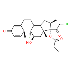 ChemSpider 2D Image | (8xi,9beta,10alpha,11alpha,13alpha,14xi,16alpha,17alpha)-21-Chloro-9-fluoro-11-hydroxy-16-methyl-3,20-dioxopregna-1,4-dien-17-yl propionate | C25H32ClFO5