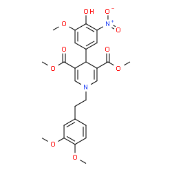 ChemSpider 2D Image | Dimethyl 1-[2-(3,4-dimethoxyphenyl)ethyl]-4-(4-hydroxy-3-methoxy-5-nitrophenyl)-1,4-dihydro-3,5-pyridinedicarboxylate | C26H28N2O10