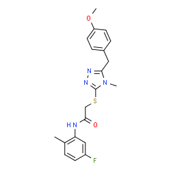 ChemSpider 2D Image | N-(5-Fluoro-2-methylphenyl)-2-{[5-(4-methoxybenzyl)-4-methyl-4H-1,2,4-triazol-3-yl]sulfanyl}acetamide | C20H21FN4O2S