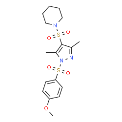 ChemSpider 2D Image | 1-({1-[(4-Methoxyphenyl)sulfonyl]-3,5-dimethyl-1H-pyrazol-4-yl}sulfonyl)piperidine | C17H23N3O5S2