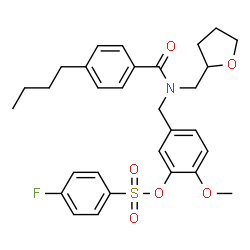 ChemSpider 2D Image | 5-{[(4-Butylbenzoyl)(tetrahydro-2-furanylmethyl)amino]methyl}-2-methoxyphenyl 4-fluorobenzenesulfonate | C30H34FNO6S