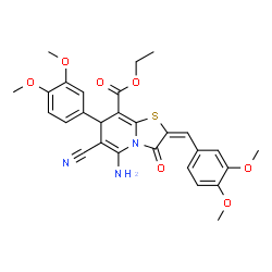 ChemSpider 2D Image | Ethyl (2E)-5-amino-6-cyano-2-(3,4-dimethoxybenzylidene)-7-(3,4-dimethoxyphenyl)-3-oxo-2,3-dihydro-7H-[1,3]thiazolo[3,2-a]pyridine-8-carboxylate | C28H27N3O7S
