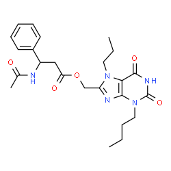 ChemSpider 2D Image | (3-Butyl-2,6-dioxo-7-propyl-2,3,6,7-tetrahydro-1H-purin-8-yl)methyl 3-acetamido-3-phenylpropanoate | C24H31N5O5
